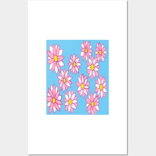 Pink White and Blue Flower Print Posters and Art